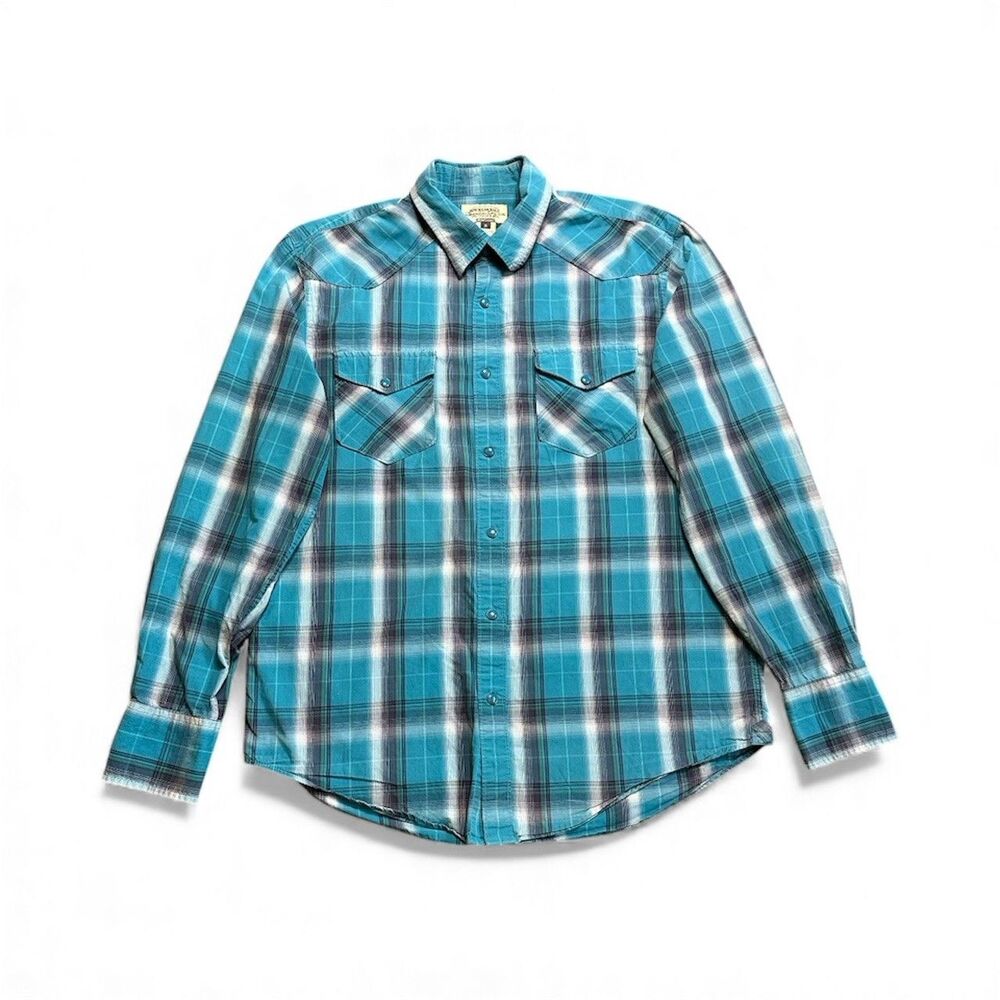 American Rag Plaid Shirt Men’s Medium Blue Pearl Snap Long Sleeve Causal Office